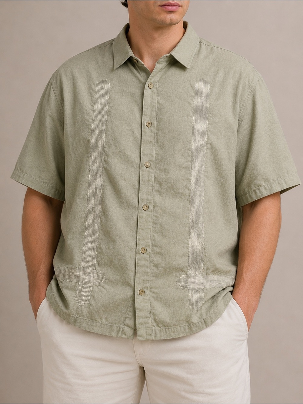 Men's Linen Blend Casual Short-Sleeve Button-Down Shirt in Sage Green
